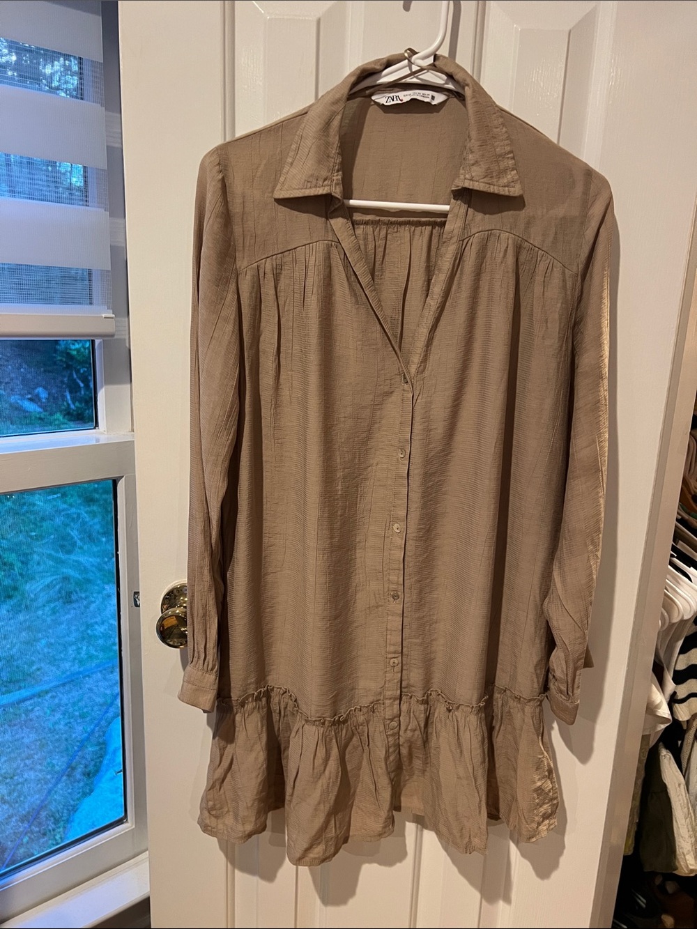 Zara Taupe Long-Sleeve Button-Front Tunic with Ruffle Hem